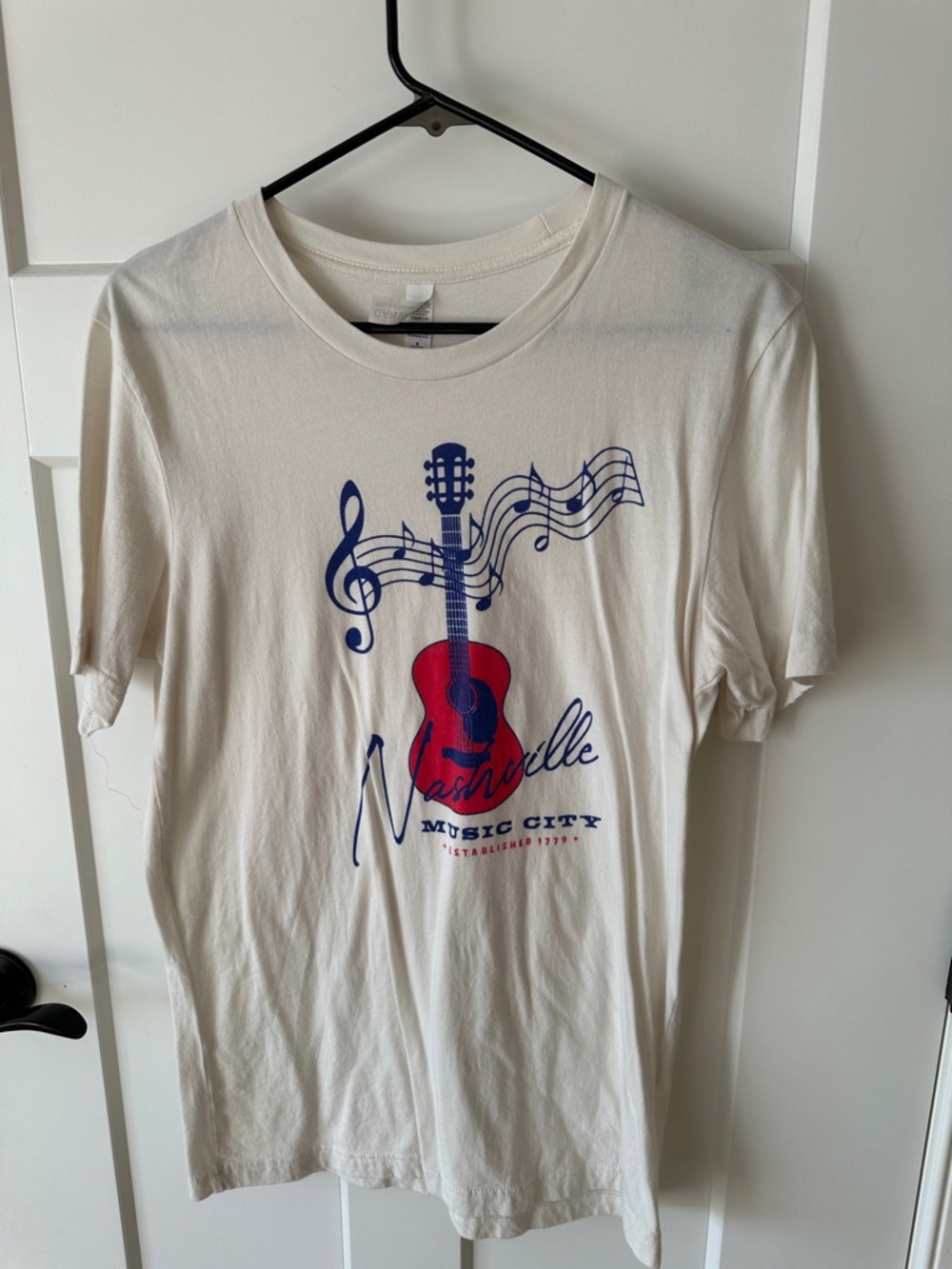 Bella Canvas Cream Graphic Tee with Red & Blue Guitar Motif